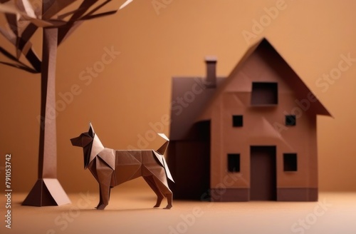 One dog on the background of a country house made of cardboard.