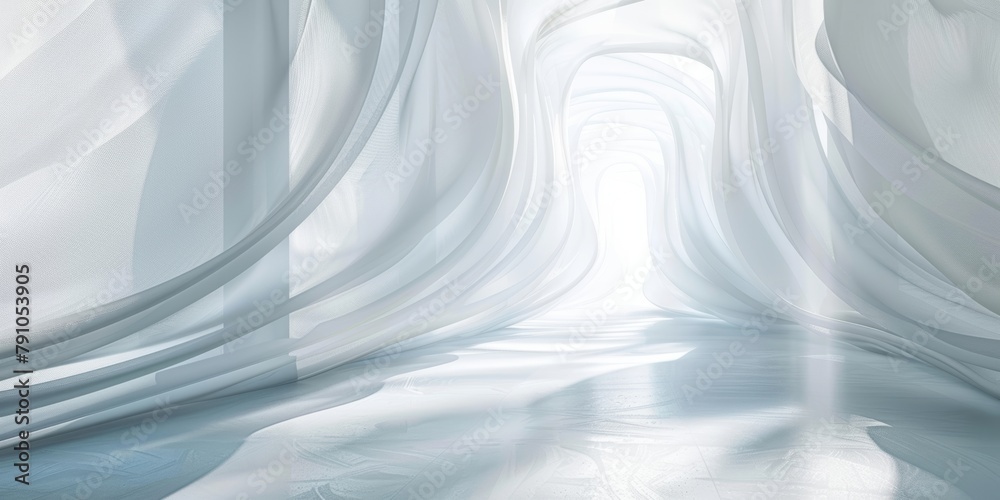 Fototapeta premium Ethereal white curving fabric-like structure in an expansive light-filled abstract interior space