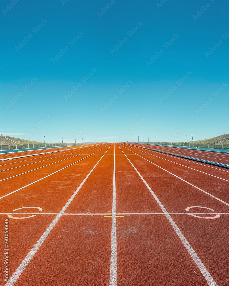 Stadium with empty competition lanes under a clear sky, a serene setting before the adrenaline of track competitions