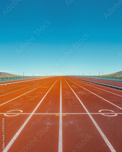 Stadium with empty competition lanes under a clear sky, a serene setting before the adrenaline of track competitions