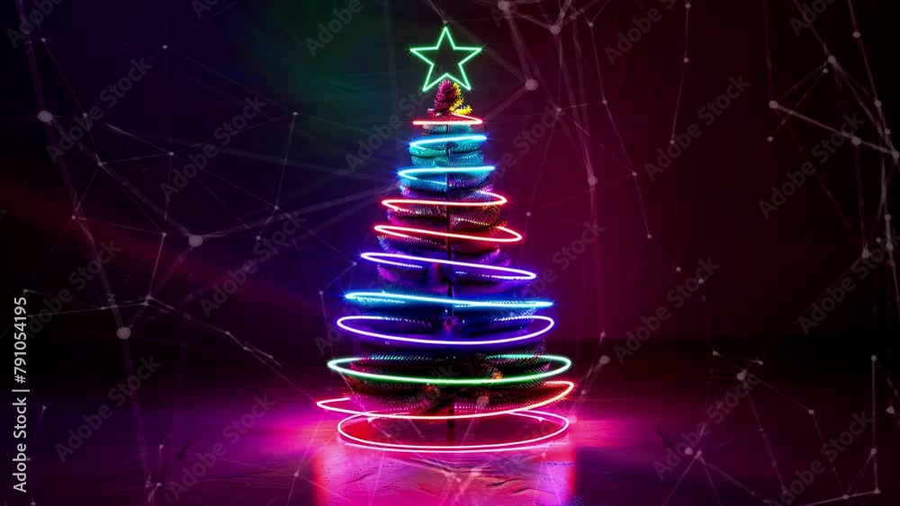 Christmas Tree. An open source Christmas project. Background with flying paternas. Midnight neon background. Neon. Generative AI. Christmas Tree. An open source Christmas project. Background with flying paternas. Midnight neon background. Neon. Generative AI.