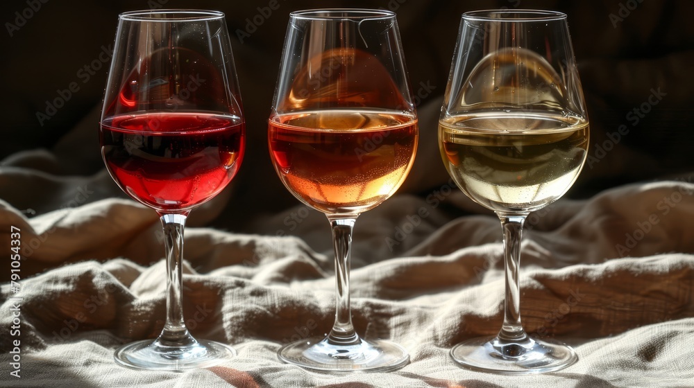 Three glasses of wine neatly arranged on a bed comforter, next to each other Three glasses of wine neatly arranged on a bed comforter, next to each other