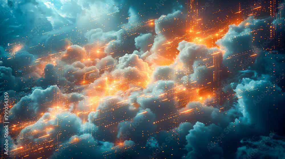 Digital cloudscape with glowing lines and particles in a network pattern