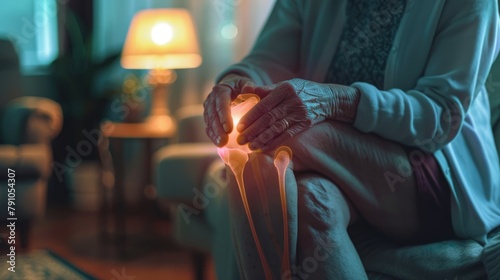 Senior woman at home grappling with knee pain  a vivid depiction of arthritis struggle in a warm domestic setting - AI generated