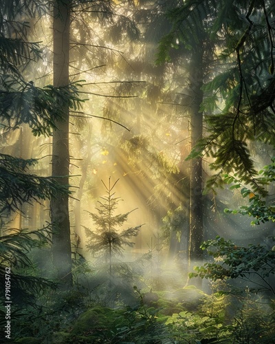 Tranquil forest scene with gentle mist and sunrays filtering through the trees  a peaceful natural setting