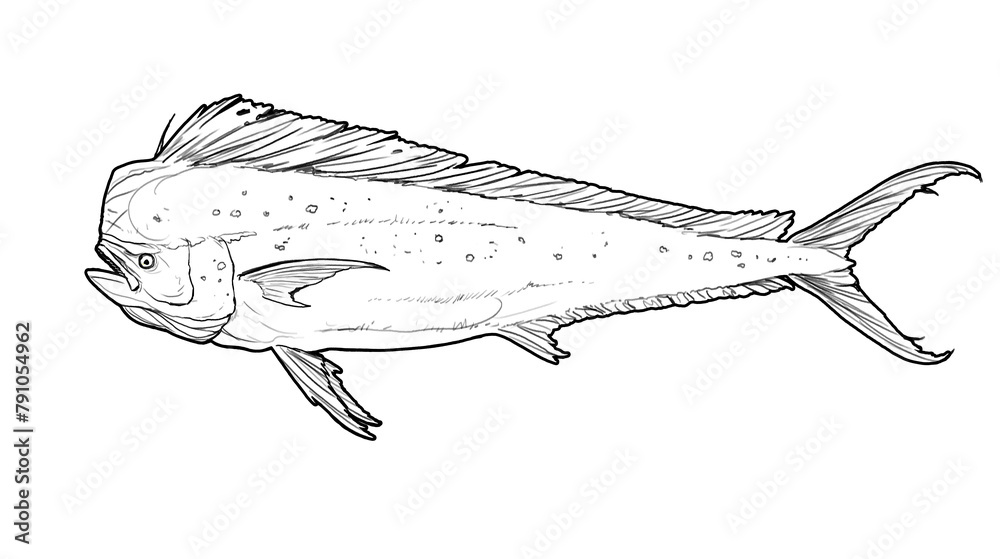 Mahi mahi Old or dolphin fish isolated on white. Realistic illustration of mahi mahi or dolphin fish isolated on white background. Side view Sketch. - obrazy, fototapety, plakaty 