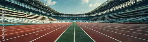 Vast empty stadium with a competition track lying silent  awaiting the roar of upcoming events