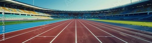 Vast empty stadium with a competition track lying silent, awaiting the roar of upcoming events