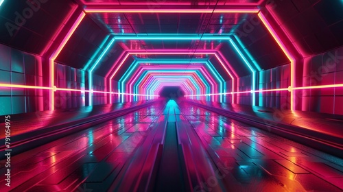 Vibrant neon lights outline a futuristic bridge, creating a stunning visual at night in the urban environment