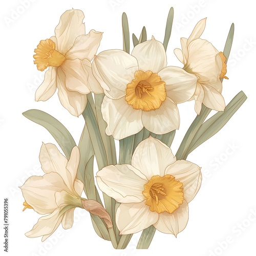 Vintage Botanical narcissus Drawing, Cream Palette, Antique Horticultural Illustration