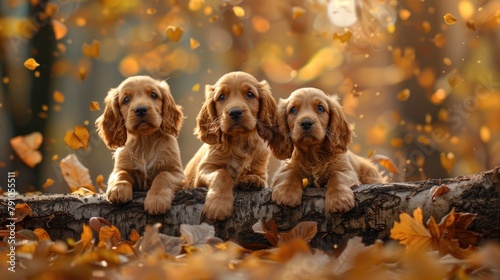 Autumn Bliss: Three Adorable Puppies Enjoying Fall Foliage photo