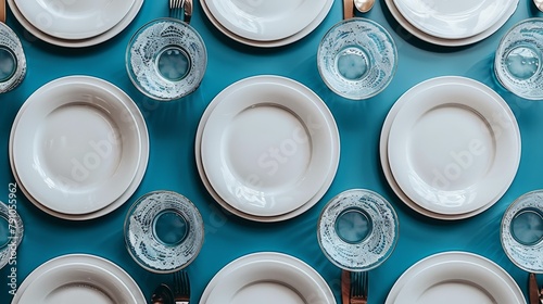  A table, laden with numerous white plates, is adorned with blue and gold rimmed saucers and accompaniments of forks and knives