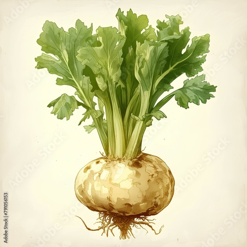 Vintage Botanical Celery root Drawing, Cream Palette, Antique Horticultural Illustration
