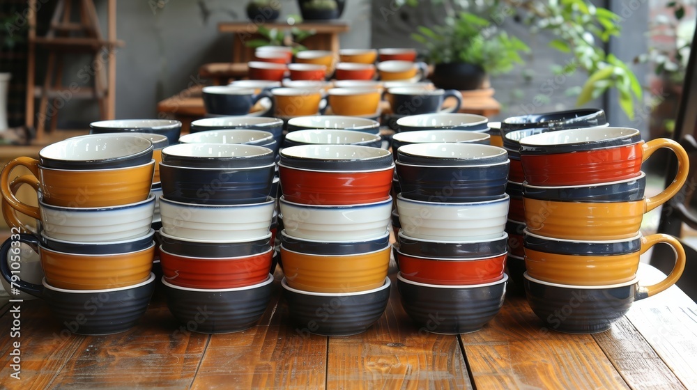 A collection of coffee cups on a wooden table, alongside a potted plant also atop the table A collection of coffee cups on a wooden table, alongside a potted plant also atop the table
