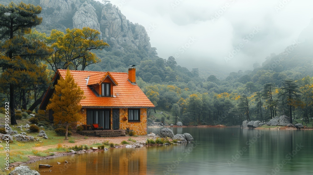 Fototapeta premium A painting of a house by a body of water, with a mountain range and fog enshrouding the scene in the background