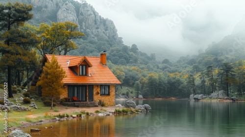  A painting of a house by a body of water, with a mountain range and fog enshrouding the scene in the background