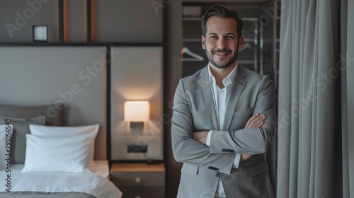 Wallpaper Mural Professional young businessman in a sleek suit confidently standing in a luxurious hotel room, epitomizing success and elegance - AI generated Torontodigital.ca