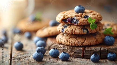   A tight shot of a wood table bearing a stack of cookies topped with plump blueberries In the backdrop, a glass of milk sits waitingly photo