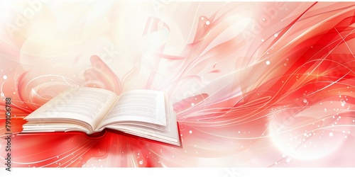 Open book on vibrant red and white abstract swirl background with bokeh and copy space