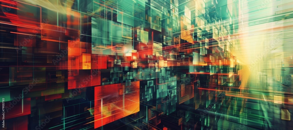 Obraz premium Glitch art distortion of geometric shapes, reflecting the unpredictable nature of technology