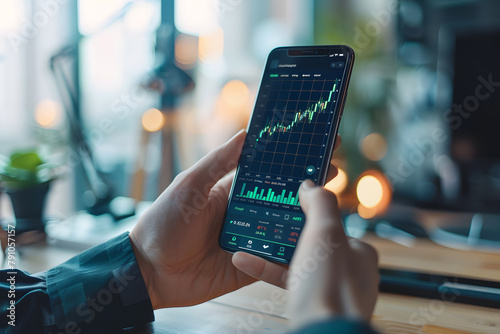  hand holding smartphone, business style, stocks and exchanges, Businessman is holding a smartphone and checking stock and cryptocurrency markets