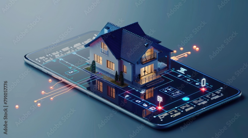 Smart home concept with 3D house model and icons on smartphone, representing IoT and home automation technology - AI generated Smart home concept with 3D house model and icons on smartphone, representing IoT and home automation technology - AI generated