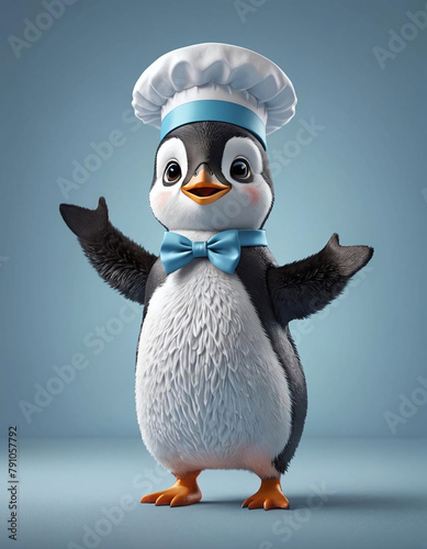 Pingouin, manchot avec une toque de chef cuisinier, isolé sur fond uni bleu - IA générative  © CURIOS