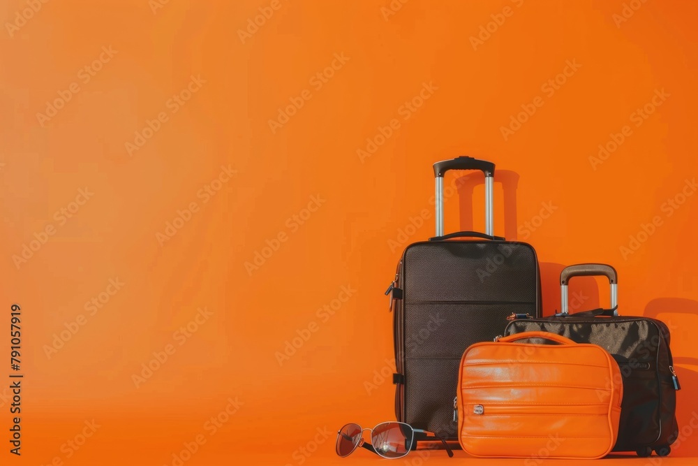 Tourist travel bags on a simple background summer season holiday vacation travelling exploring cultures countries luggage baggage travel agency trip journey tour concept sunbathing beach offshore
