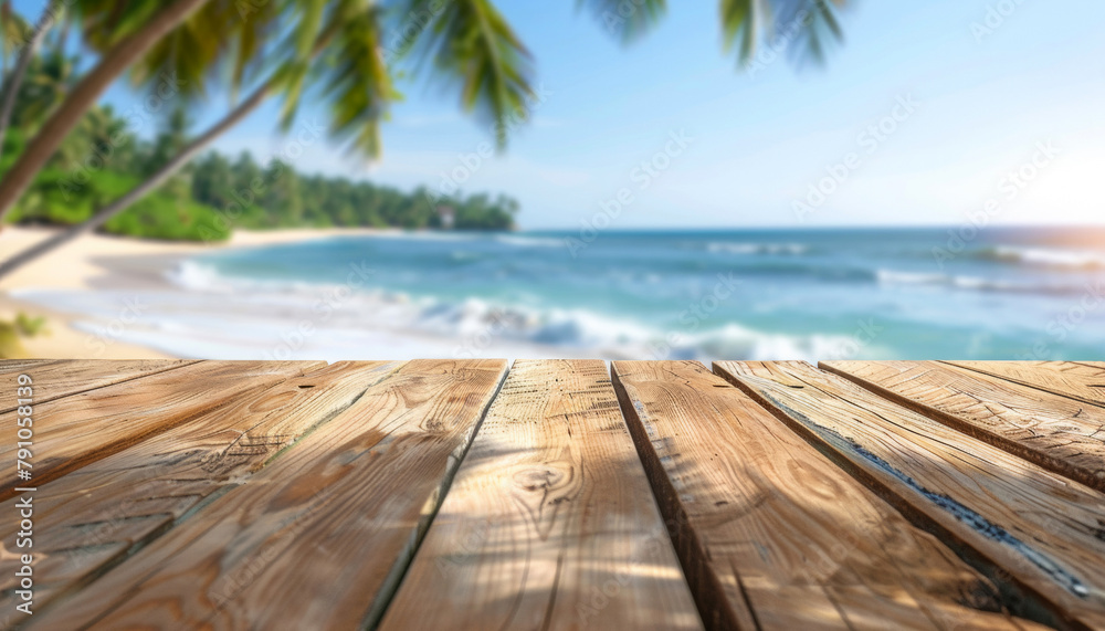 Serene Tropical Beach View from Wooden Deck, Ideal Vacation Backdrop Serene Tropical Beach View from Wooden Deck, Ideal Vacation Backdrop
