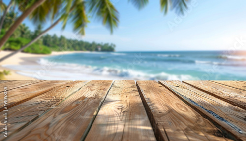Serene Tropical Beach View from Wooden Deck  Ideal Vacation Backdrop