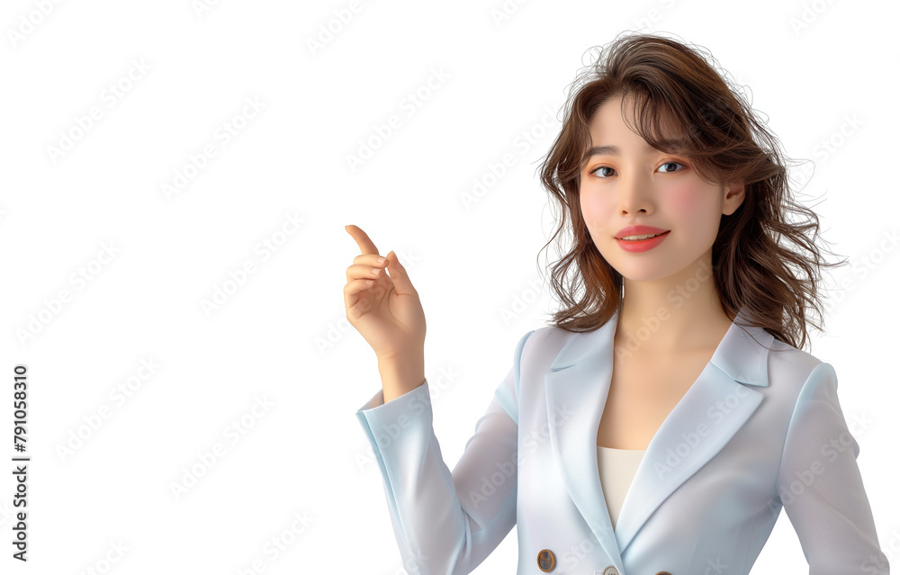 Asian woman points finger at empty space Asian woman points finger at empty space