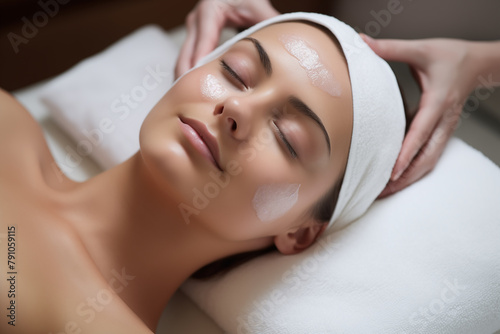 A woman in her mid-30s receiving a facial treatment at the spa