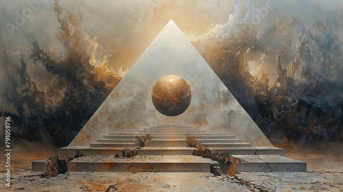 Background with ball inside the pyramid and broken steps. photo