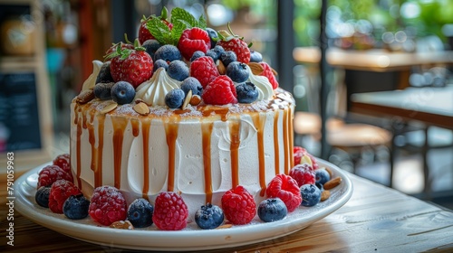   A tight shot of a cake on a plate, adorned with berries and nuts atop, while the remainder of the cake recedes into the background photo