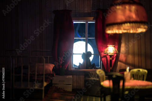 Romantic Ambiance: Realistic Dollhouse Living Room at Night, Elegant Furniture, Soft Glow from Window, Handcrafted Artwork on Table