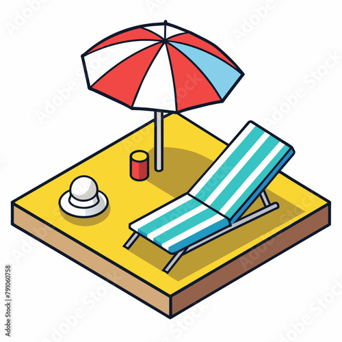 Axonometry of the beach, umbrella, sun lounger on white background