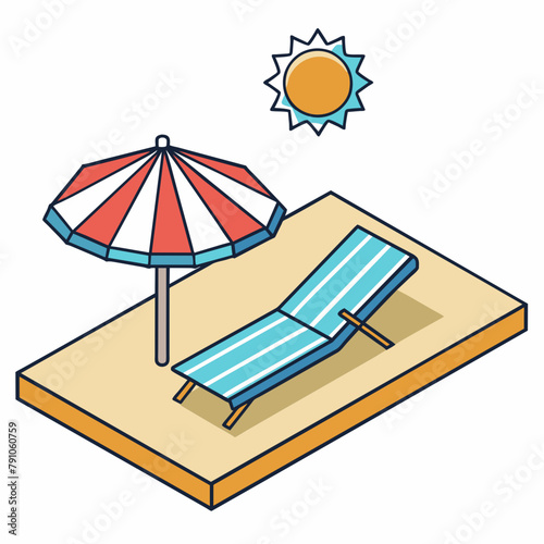 Axonometry of the beach, umbrella, sun lounger on white background