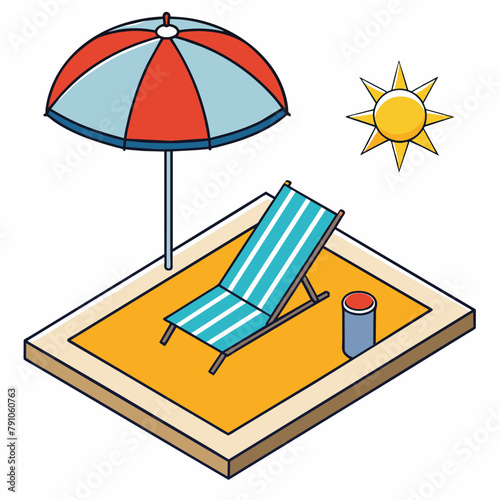 Axonometry of the beach, umbrella, sun lounger on white background