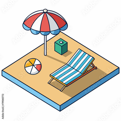 Axonometry of the beach, umbrella, sun lounger on white background