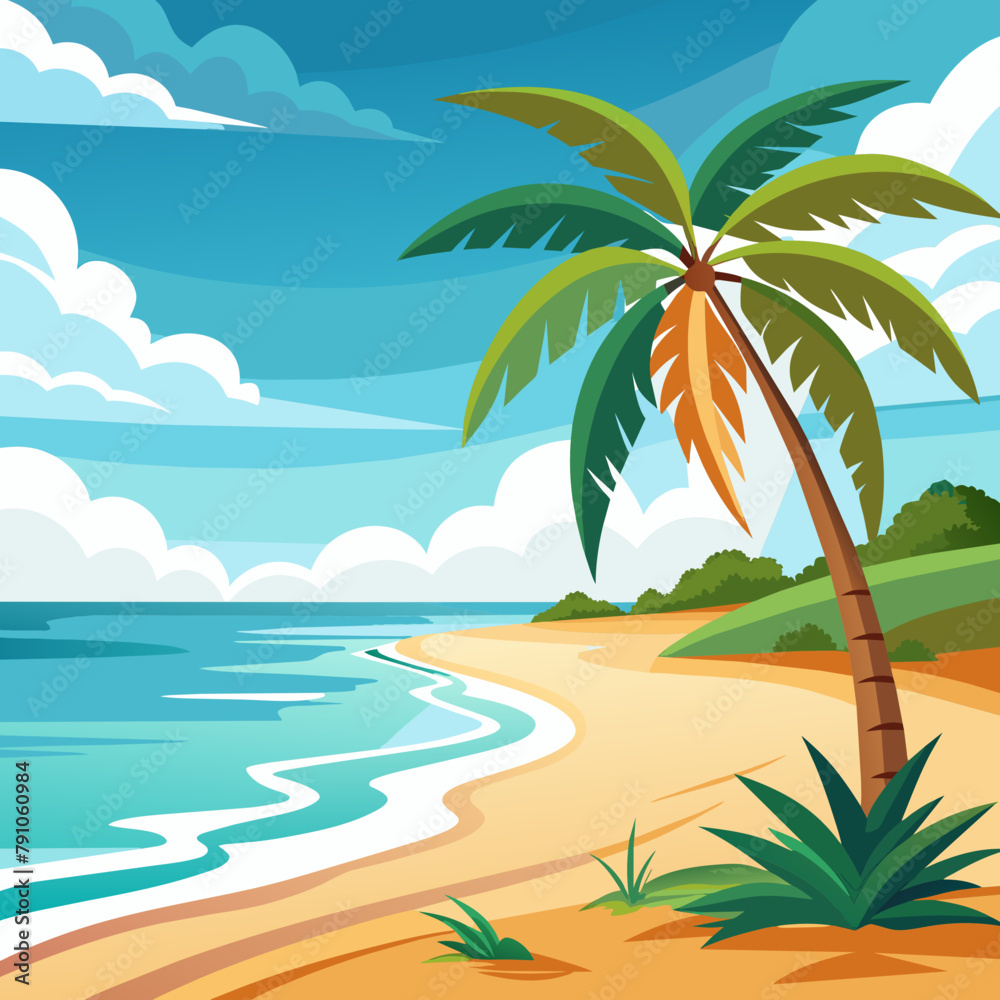Beach a sandy beach with a palm tree swaying in the breeze vector illustration 