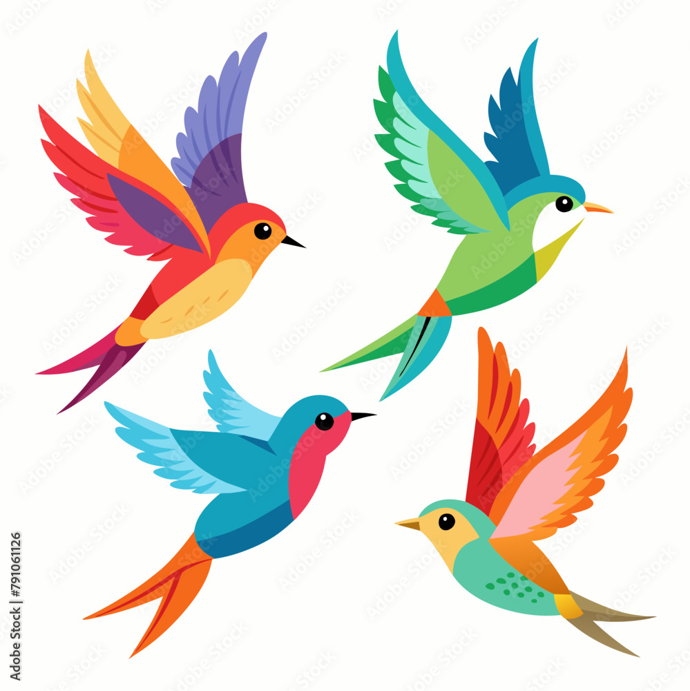 Obraz premium Four kinds of beautiful birds are flying in the sky white background