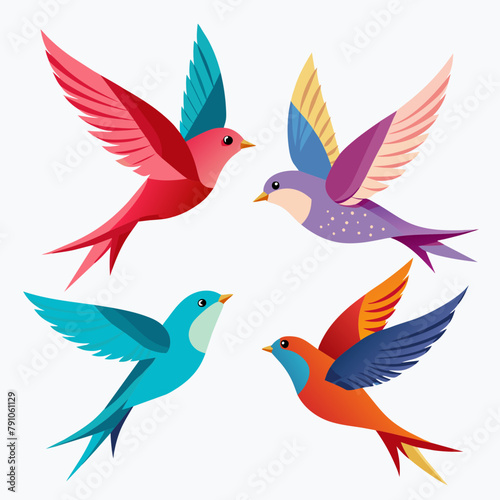 Four kinds of beautiful birds are flying in the sky white background © Chayon Sarker