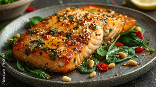   A salmon fillet on a plate  accompanied by spinach and pine nuts Nearby  a separate bowl holds more spinach  and a lemon slice completes the presentation