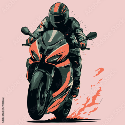 vector art a man riding super motorbike look front, little bit cornering and looking down, painting, illustration, anime