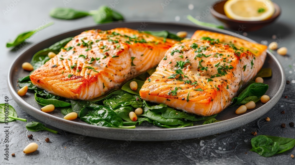 Two salmon fillets over a bed of spinach and chickpeas Serve with lemon wedges on the side Two salmon fillets over a bed of spinach and chickpeas Serve with lemon wedges on the side