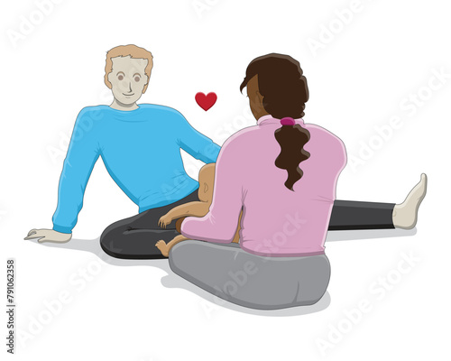 vector design llustration of an interracial family consisting of a father in a light blue shirt and a mother in a pink shirt and a baby in the mother's arms sitting and enjoying family together