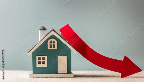 a small house model with an red arrow going down, ono a light monoochrome background with a big copy space. House crisis. House financial crisis. House bubble.