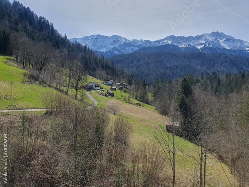 Bavarian mountain town Garmisch, Hiking in Upper Bavaria. Mountain landscape in Bavarian Alps. Graseck Alm, mountain hiking. Mountain Hike in Garmisch