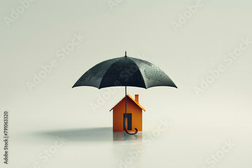 home insurance and protection, featuring a family house secured under an umbrella, symbolizing safety and security against potential risks