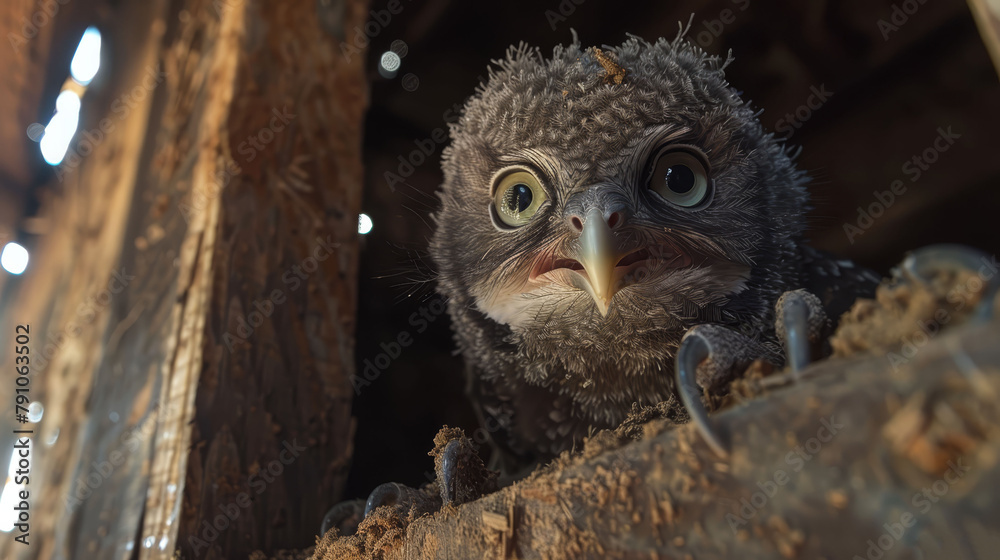 A bird with a surprised expression, in focus, against a backdrop of a wooden structure A bird with a surprised expression, in focus, against a backdrop of a wooden structure